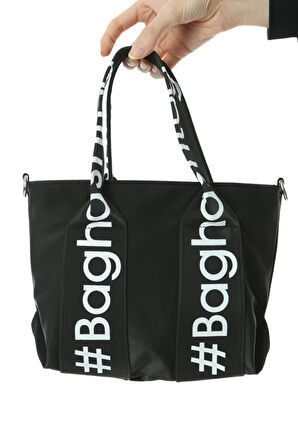 Baghashtag Siyah Mini Su Geçirmez Kulp Yazılı Tote Çanta
