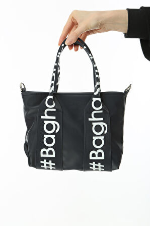 Baghashtag Siyah Mini Su Geçirmez Kulp Yazılı Tote Çanta