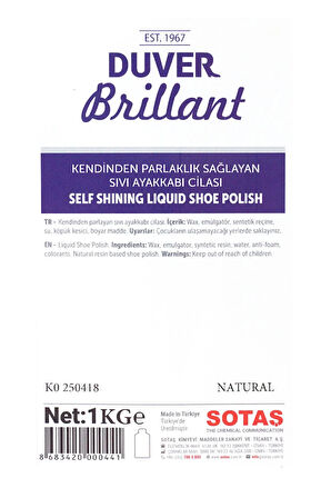 Duver Brillant 1 Kg Kendinden Parlaklık Sağlayan Natural Renk Sıvı Ayakkabı Cilası