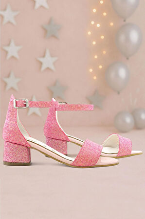 Lilo Simli Fuşya Pembe Tek Bantlı Kız Çocuk Topuklu Abiye Ayakkabı