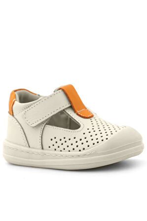 Rakerplus Shaun Hakiki Deri Bej Turuncu Cırtlı Anatomik Bebek Sandalet