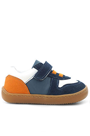 Rakerplus Bob Hakiki Deri Lacivert Beyaz Barefoot Cırtlı Lastikli Bebek Sneaker Ayakkabı