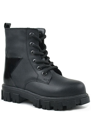 Rakerplus Hakiki Deri Siyah Yıldız Detaylı Kız Çocuk Bot