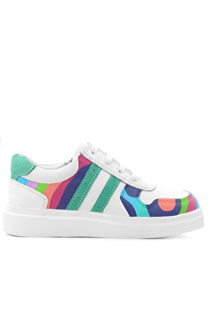 Rakerplus Tbons Özel Tasarım Hakiki Deri Beyaz Yeşil Bağcıklı Fermuarlı Çocuk Sneaker