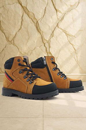 Rakerplus Hakiki Deri Sarı Bağcıklı Fermuarlı Çocuk Bot