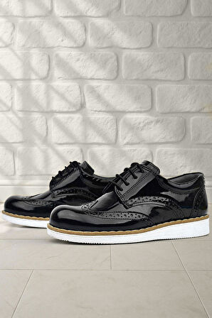 Rakerplus Hidra Siyah Rugan Beyaz Tabanlı Bağcıklı Erkek Çocuk Klasik Ayakkabı