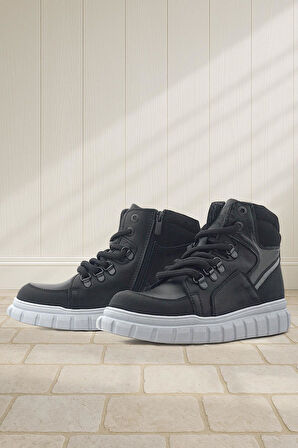 Rakerplus Hakiki Deri Siyah Gri Fermuarlı Erkek Çocuk Bot