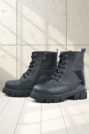 Rakerplus Siyah Hakiki Deri Platin Yıldız Detaylı Kız Çocuk Bot