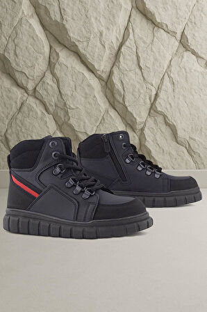 Rakerplus Hakiki Deri Siyah Kırmızı Fermuarlı Erkek Çocuk Bot