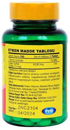 Vitapol Zinc Sulfate 15 Mg Çinko Sülfat 100 Tablet 