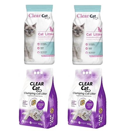 ClearCat Lavantalı Topak Bento Kedi Kumu İnce 10 Lt 2 Adet + Pudralı Bentonit Kedi Kumu İnce 10 Lt 2 Adet