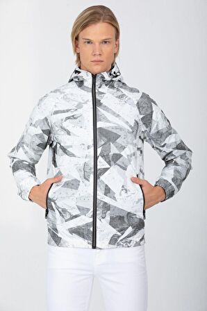 Erkek Beyaz Kapüşonlu Desenli Suni Deri Kumaşlı Astarlı Baharlık Mont 8069