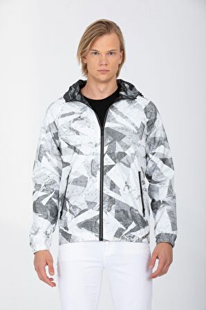 Erkek Beyaz Kapüşonlu Desenli Suni Deri Kumaşlı Astarlı Baharlık Mont 8069