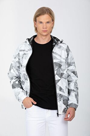 Erkek Beyaz Kapüşonlu Desenli Suni Deri Kumaşlı Astarlı Baharlık Mont 8069