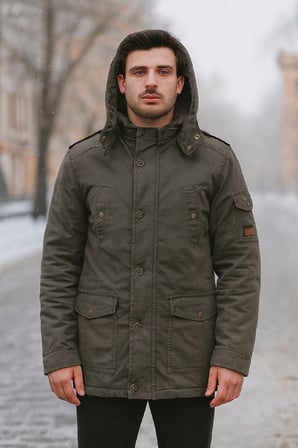 Erkek Haki Slim Fit Çıkarılabilir Kapüşonlu Kürk Astarlı Su Geçirmez Kaplamalı Kalın Kaban