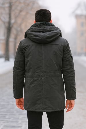 Erkek Haki Slim Fit Çıkarılabilir Kapüşonlu Kürk Astarlı Su Geçirmez Kaplamalı Kalın Kaban