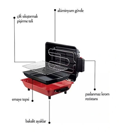 Mina Cam Göstergeli Emaye Tepsili 1100W Paslanmaz Krom Telli Cızbız Kapaklı Elektrikli Izgara
