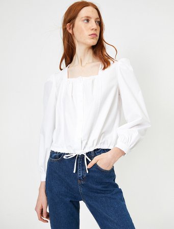 Kare Yaka Beli Bağlama Detaylı Bluz