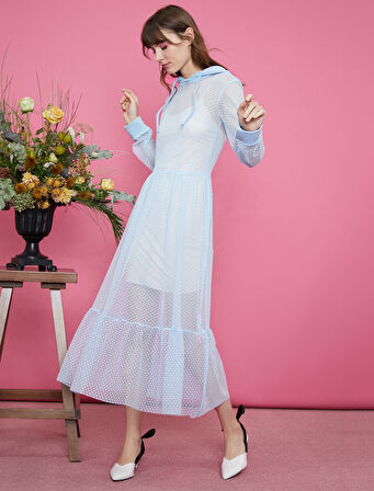 Maxi Elbise Tül Kapüşonlu 