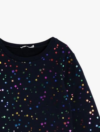 Parlak Desenli Kalın Sweatshirt Kumaşından Uzun Kollu Orta Boy Elbise