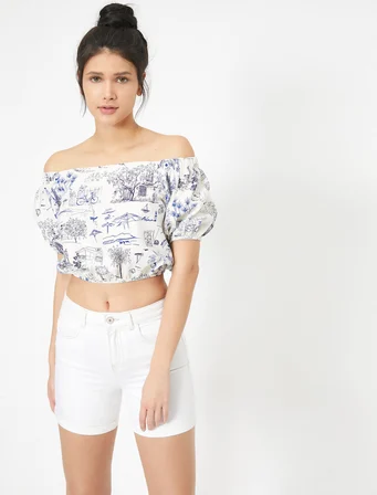 Omuz Dekolteli Kısa Kollu Keten Karışımlı Crop Bluz