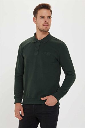 Newblend Erkek Polo Yaka Sweatshirt Koyu Yeşil