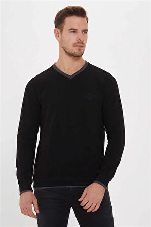 Newdwade Erkek V Yaka Sweatshirt Siyah