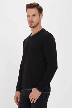 Newdwade Erkek V Yaka Sweatshirt Siyah