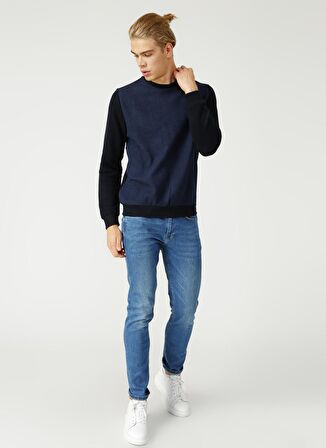 Lee Cooper Bisiklet Yaka Pamuklu Desenli İndigo Erkek Sweatshirt