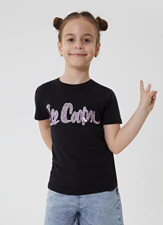 Lee Cooper Bisiklet Yaka Baskılı Kısa Siyah Kız Çocuk T-Shirt