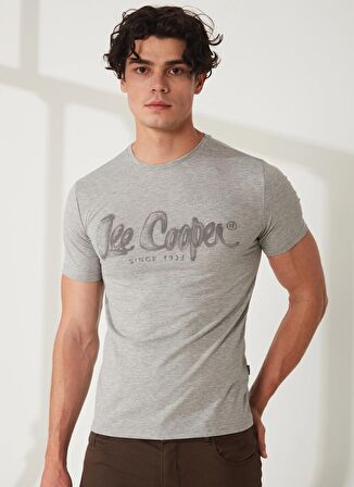 Lee Cooper Bisiklet Yaka Gri Melanj Erkek T-Shirt 232 LCM 242029 DRAWINGLOGO GRI M