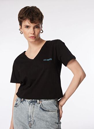 Lee Cooper V Yaka Düz Siyah Kadın T-Shirt 242 LCF 242018 LOLES SİYAH