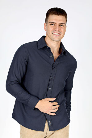 Frans Erkek Dokuma Uzun Kol Gömlek Lacivert