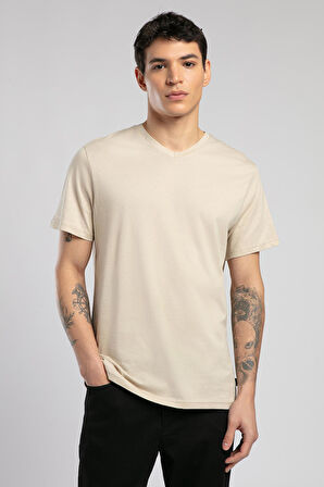 Jonat Erkek V Yaka T-Shirt Bej