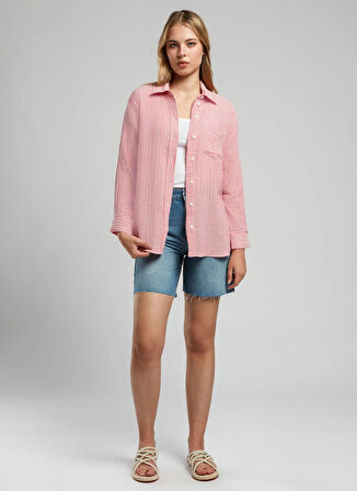 Lee Cooper Rahat Klasik Yaka Çizgili Kırmızı Kadın Gömlek 252 LCF 241004 ALMA KIRMIZI-BEYAZ