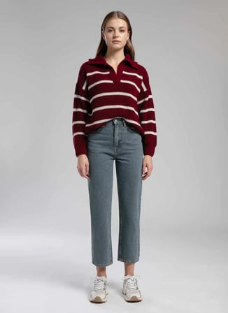Lee Cooper Polo Yaka Regular Fit Çizgili Mürdüm - Ekru Kazak Kadın 261 LCF 241002 COP MÜRDÜM-EKRU