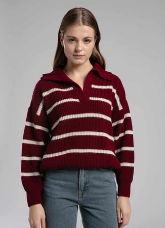 Lee Cooper Polo Yaka Regular Fit Çizgili Mürdüm - Ekru Kazak Kadın 261 LCF 241002 COP MÜRDÜM-EKRU