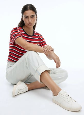Kırmızı - Lacivert Kadın %100 Pamuk Basic T-Shirt 262 LCF 242020 MALORY 2 KIRMIZI-LAC