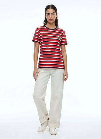 Kırmızı - Lacivert Kadın %100 Pamuk Basic T-Shirt 262 LCF 242020 MALORY 2 KIRMIZI-LAC