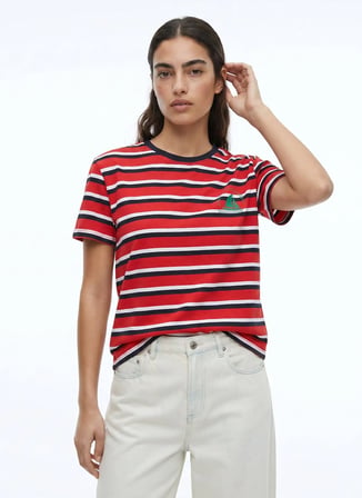 Kırmızı - Lacivert Kadın %100 Pamuk Basic T-Shirt 262 LCF 242020 MALORY 2 KIRMIZI-LAC