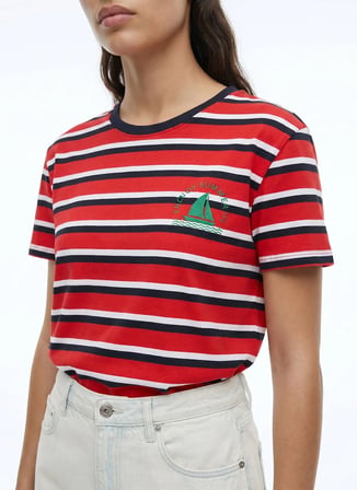 Kırmızı - Lacivert Kadın %100 Pamuk Basic T-Shirt 262 LCF 242020 MALORY 2 KIRMIZI-LAC