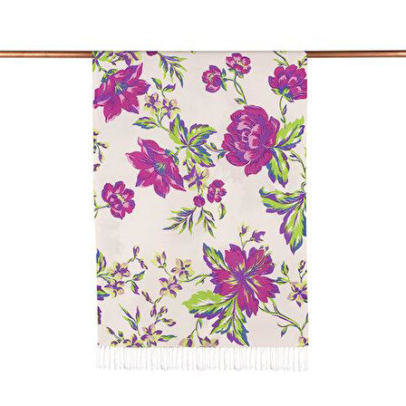 Gecenin Kraliçesi Desenli İpek Şal 05218 Beyaz - Mor