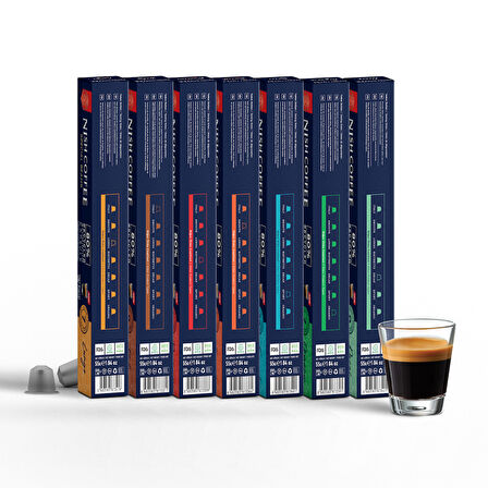 Nish Coffee Nespresso Uyumlu Kapsül Kahve 7'li Set (Lungo,Italy,Risteretto,Smooth,Sport,Organik,Decaf)-70 Adet