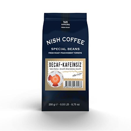 Nish Kahve Decaf Kafeinsiz Sert İçim Kağıt Filtre Arabica Filtre Kahve 250 gr