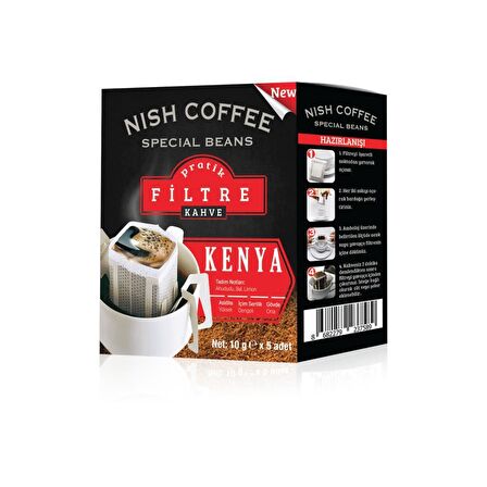 Nish Kahve Pratik Filtre Kahve Orta Sert-Sert İçim Öğütülmüş Guatemala-Kenya-Colombia Filtre Kahve 6 x 50 gr