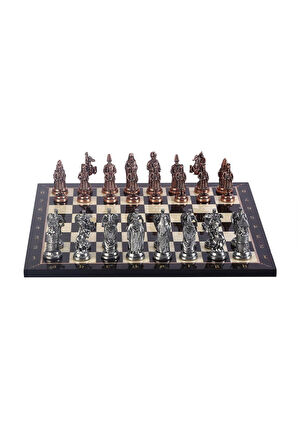Gift Home Büyük Boy Metal Osmanlı Bizans Satranç Takımı Antik Ve Ceviz Desenli Mdf Ahşap Satranç Tahtası (37x3