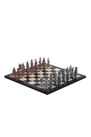 Gift Home Büyük Boy Metal Osmanlı Bizans Satranç Takımı Antik Ve Ceviz Desenli Mdf Ahşap Satranç Tahtası (37x3
