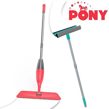 PONY SÜPER 2 Lİ SPREY MOP + TELESKOPİK SAPLI CAM SİLECEĞİ SOMON PASPAS TEMİZLİK SETİ