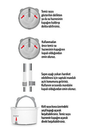 Pony Beyaz Yedekli Temiz & Kirli Suyu Ayırma Özelliği Otomatik Temizlik Seti Mop Paspas