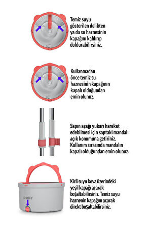 Pony Gri Yedekli Temiz & Kirli Suyu Ayırma Özelliği Otomatik Temizlik Seti Mop Paspas